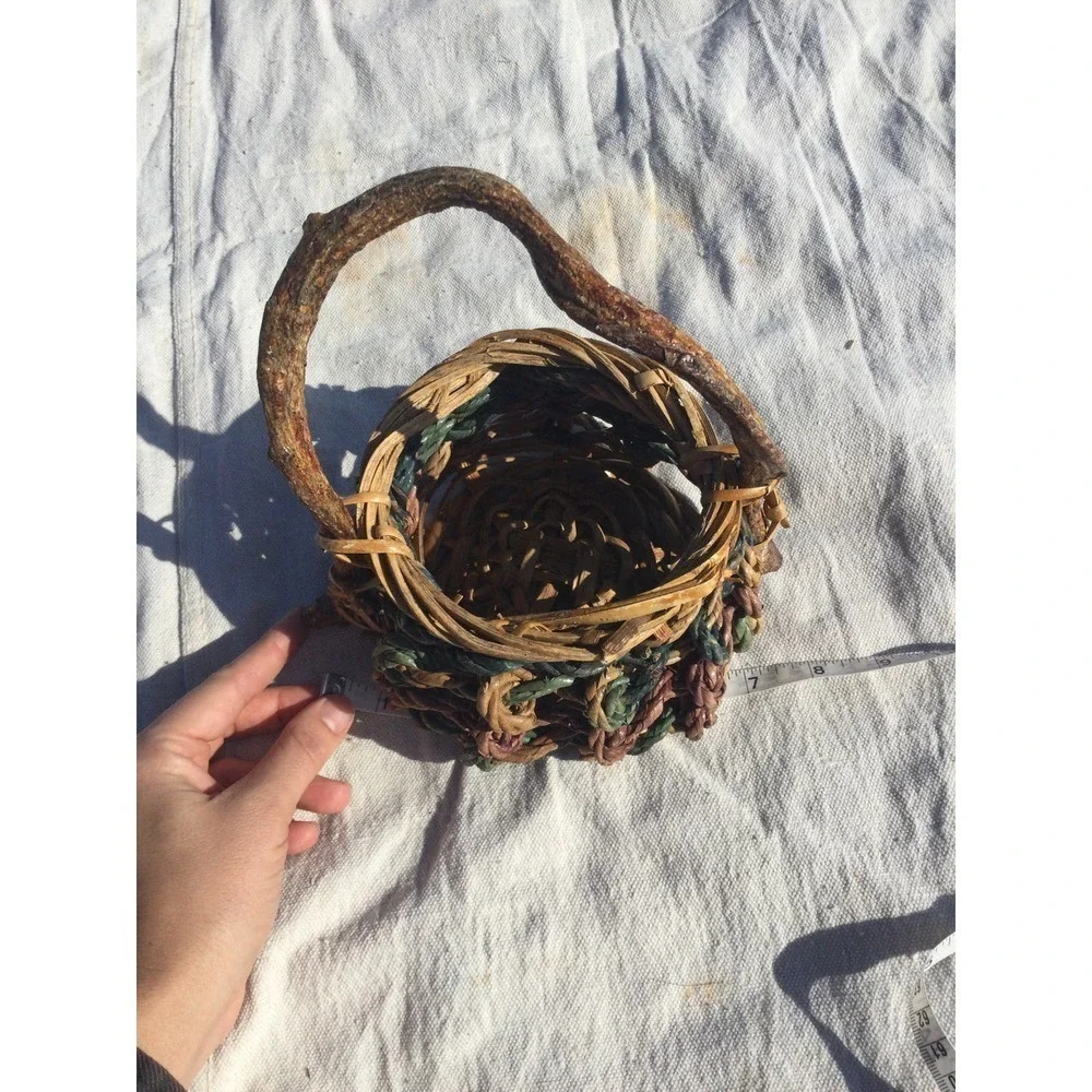 Rustic handmade small‎ basket 7” 7 in brown green bohemian rustic witch fairy